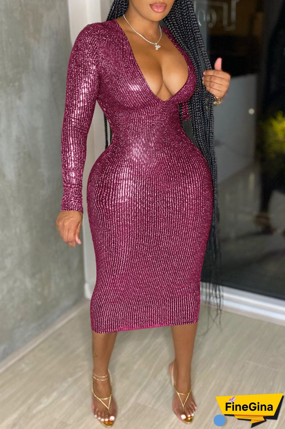 Black Sexy Casual Bronzing Patchwork V Neck Long Sleeve Dresses