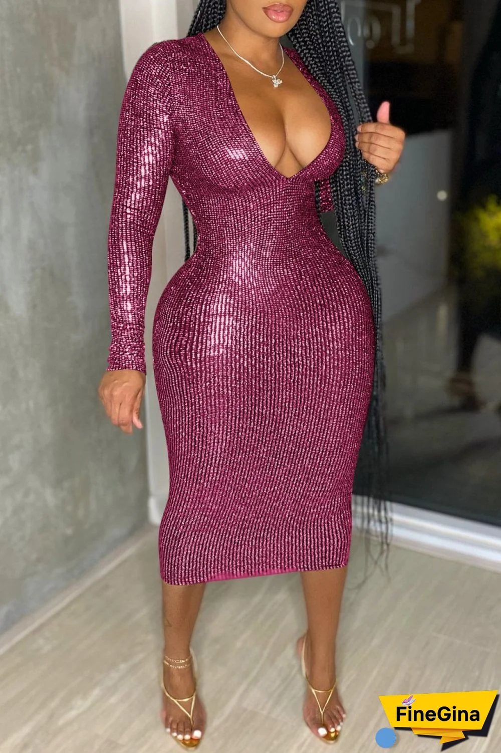 Black Sexy Casual Bronzing Patchwork V Neck Long Sleeve Dresses