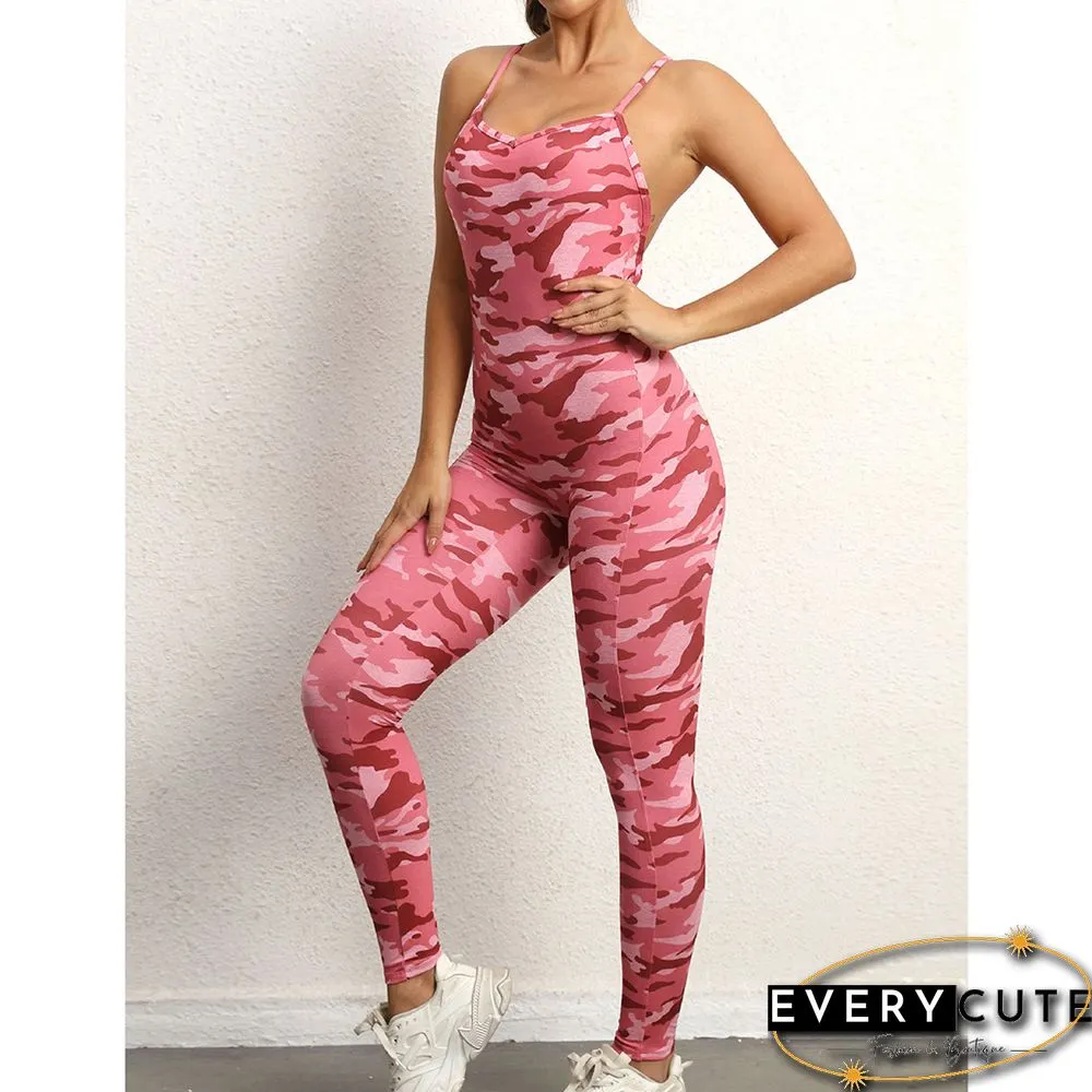 Pink Camo Print Back Criss-cross Nylon Jumpsuit