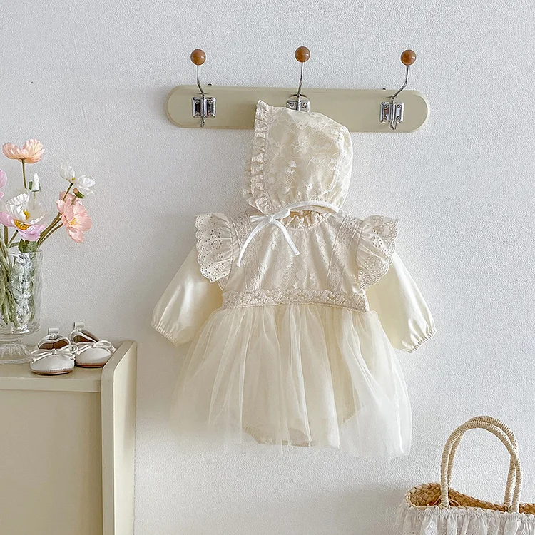 BABY】秋新作ボンネット付き肩フリル ロンパース LB5658