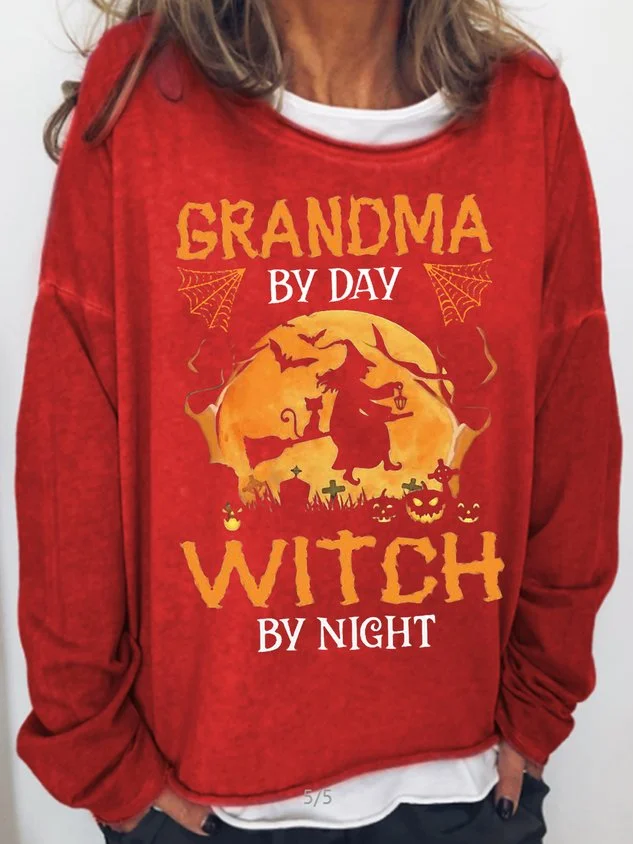 Women's Grandma my day Witch by night Halloween Letters Casual Crew Neck Sweatshirt socialshop