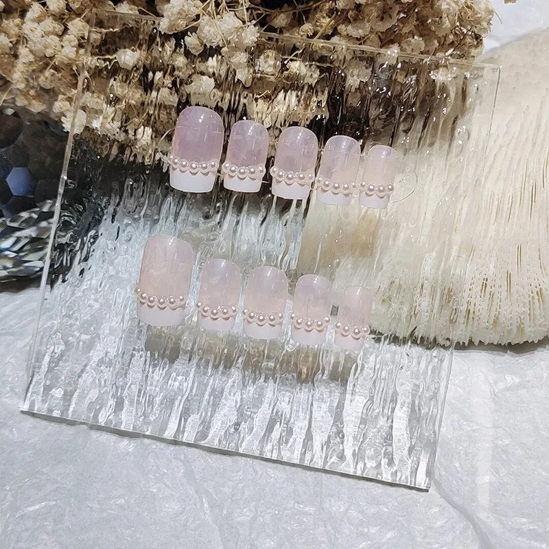 24PCS Fake Nail Exqusite Pearl Decor Girls Mid Length Coffin Ballet Press On Nails Full Cover Fake Nail Long Paragraph Fake Nail-Nail Inspo
