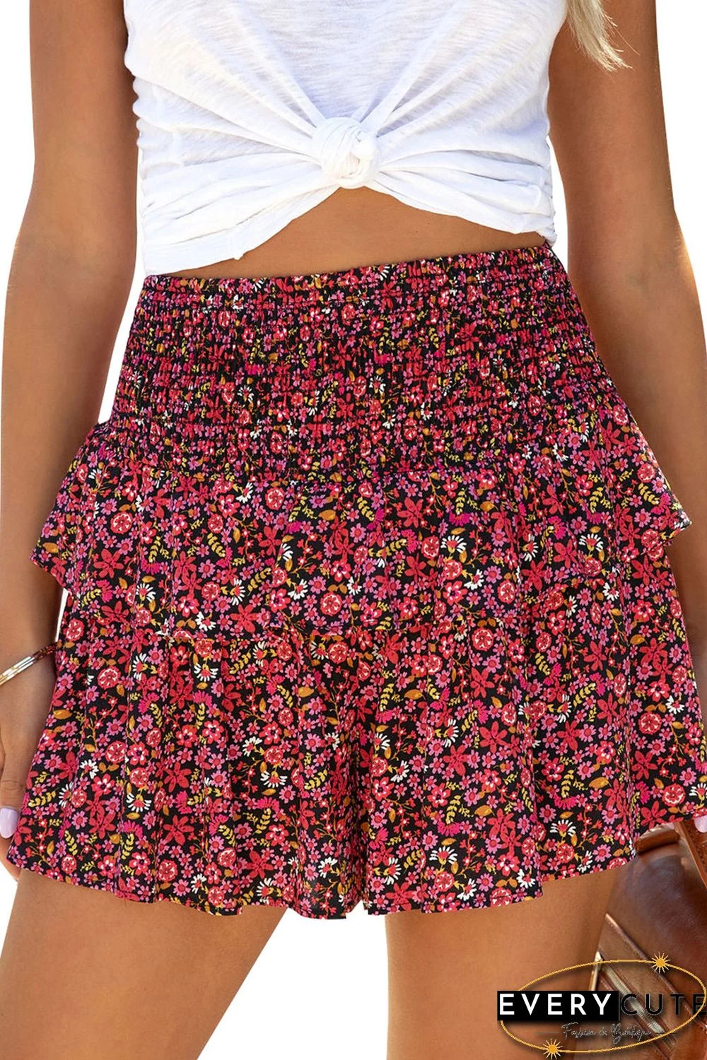 Red Floral Print Smocked Waist Shorts