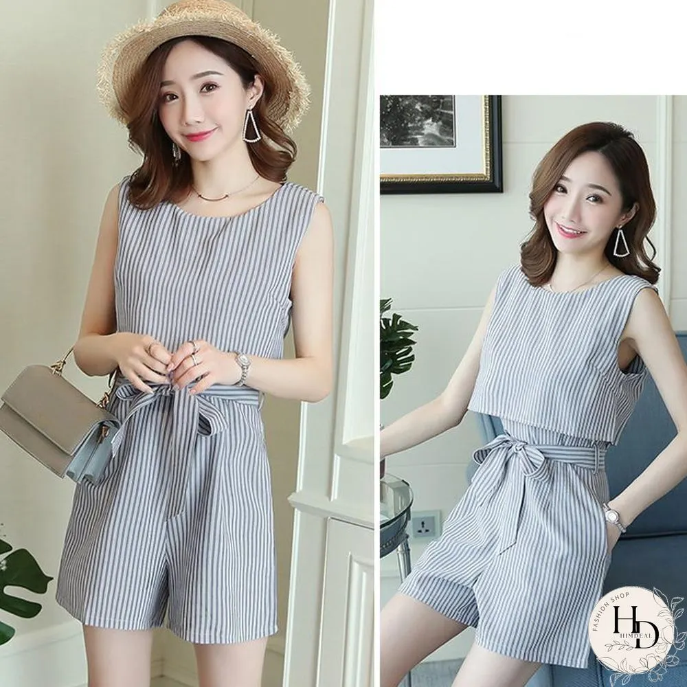 Stripe Sleeveless High Waist Rompers P15549