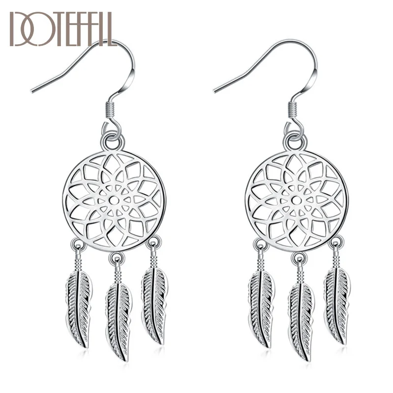 DOTEFFIL 925 Sterling Silver Hollow Round Feather Drop Earrings Charm Women Jewelry