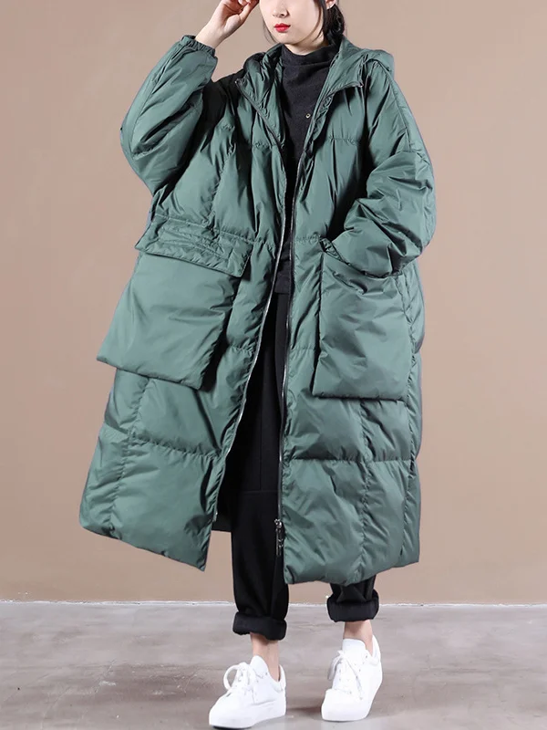 Minimalist Roomy Long Sleeves Keep Warm Pure Color Zipper Hooded Down Coat