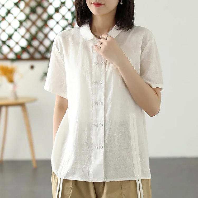 Women Summer Casual Cotton Linen Solid Blouse