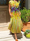Multicolored Floral Oil Painting Print Crew Neck Maxi Dress