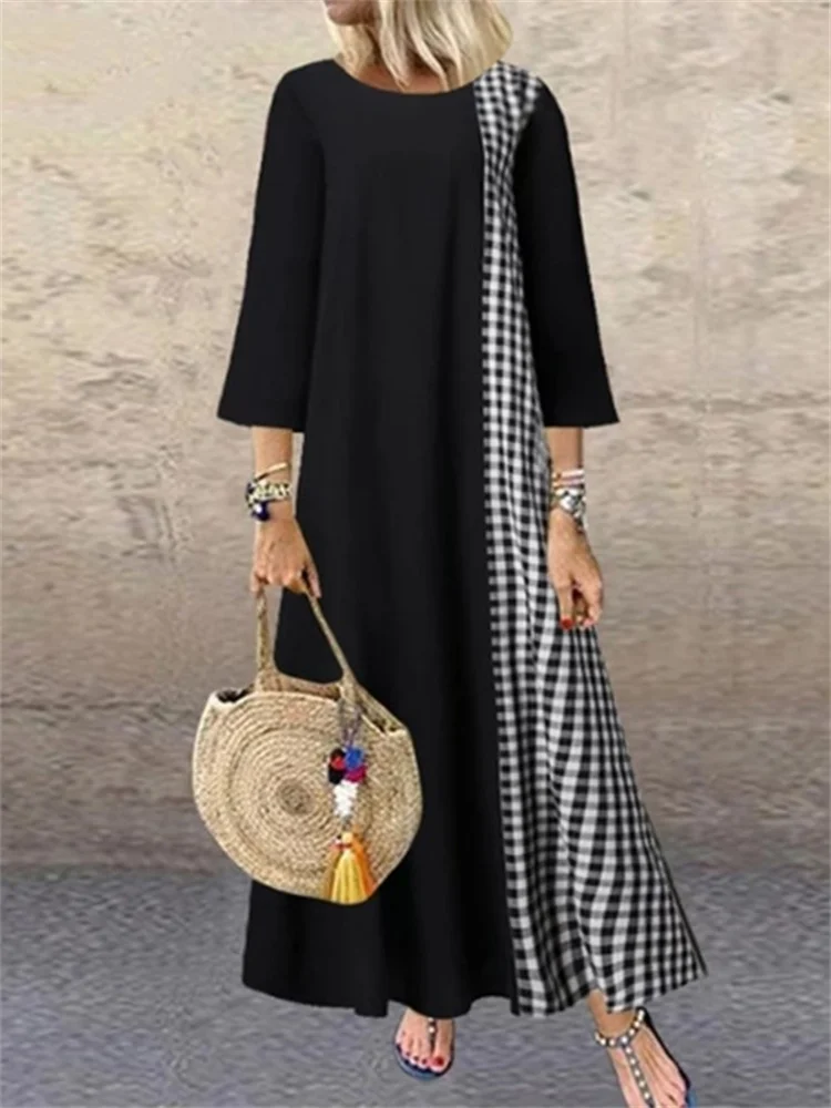 Comstylish Vintage Check Patchwork A Line Maxi Dress