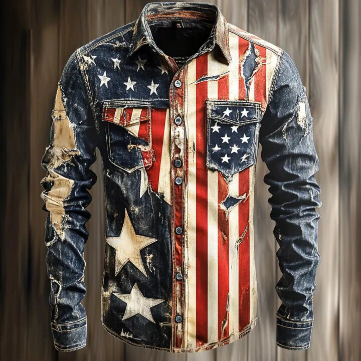 Comstylish Men'S Vintage Distressed Flag Print Long Sleeve Shirt