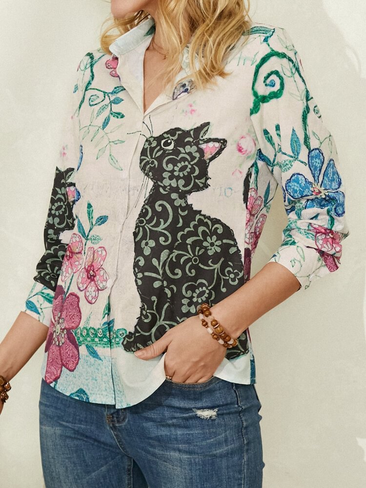 Cat Calico Print Lapel Long Sleeve Casual Shirt For Women P1805982