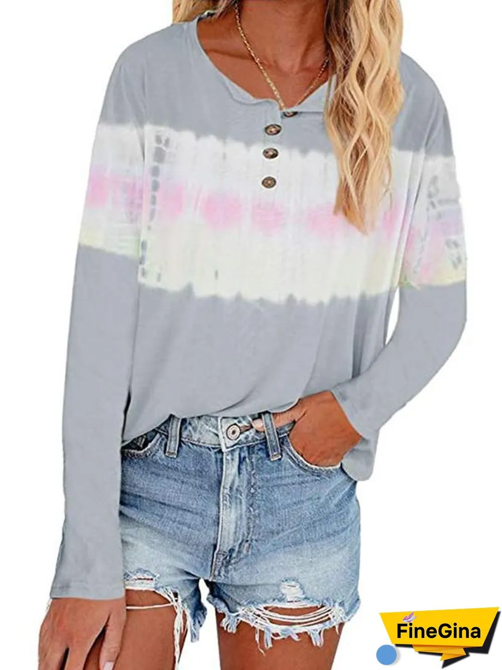 Women Long Sleeve Scoop Neck Polka Dot Graphic Stitching Top