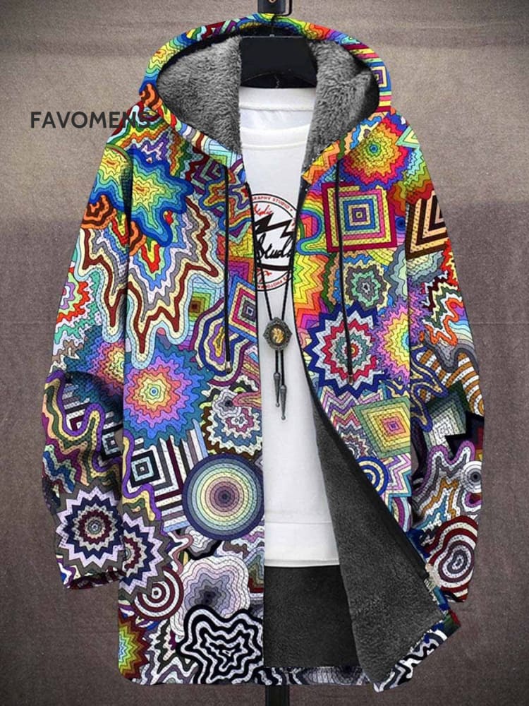 Men’s Art Irregular Pattern Print Hooded Two-Pocket Fleece Cardigan Jacket Jacket(A) / White M