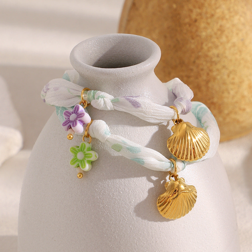 Seaside Holiday Style Antique Jewelry Stainless Steel 18K Gold Plated Ribbon Shell Bracelet