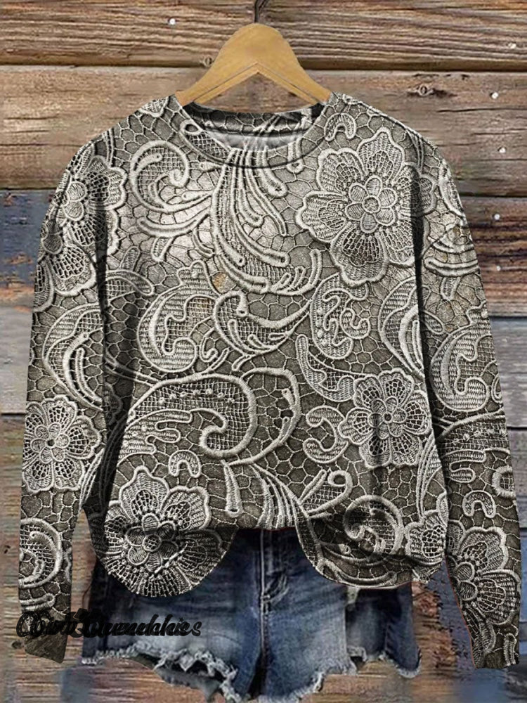 Vintage Lace Floral Print Casual Sweatshirt Multicolor / S