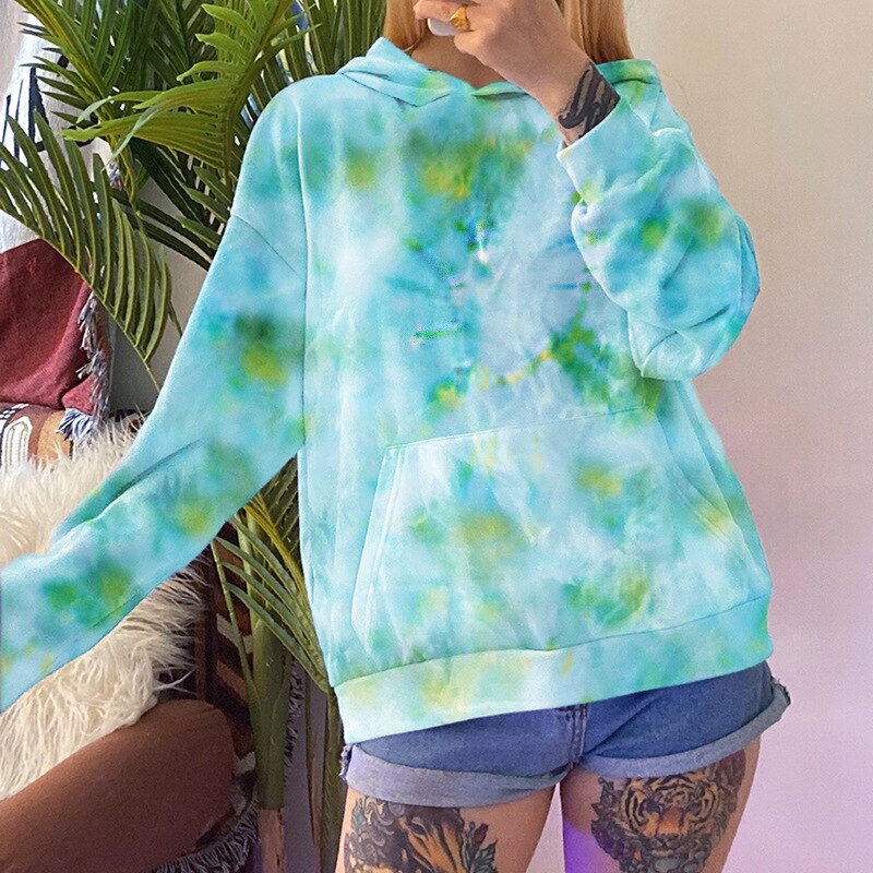 Women Long Sleeve Tie-dye Print Hoodie Tops Fashion Long Sleeve Loose Pullovers with Pocket Autumn Spring Ladies Shirts S-3XL