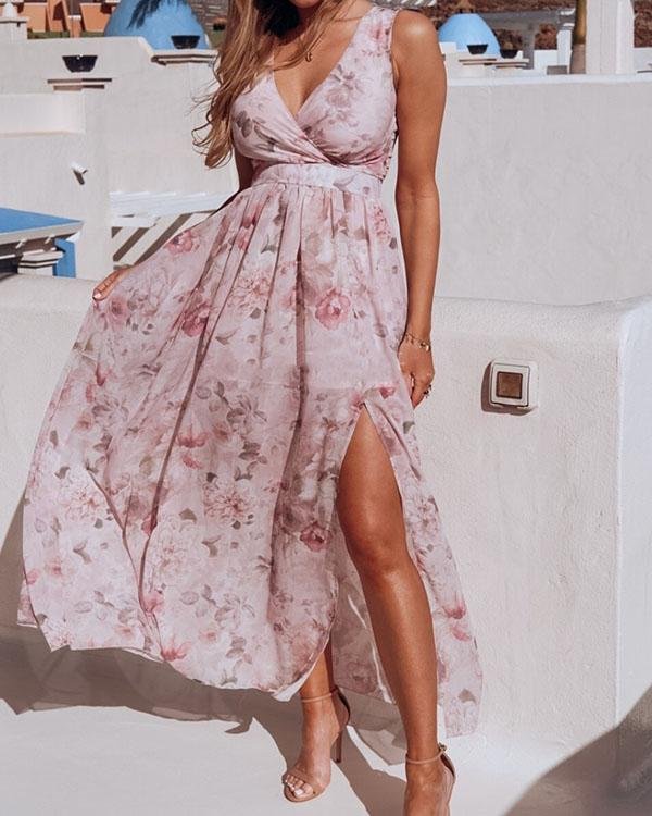 Sleeveless Floral Printed Holiday Beach Slit Maxi Dress - Chicaggo