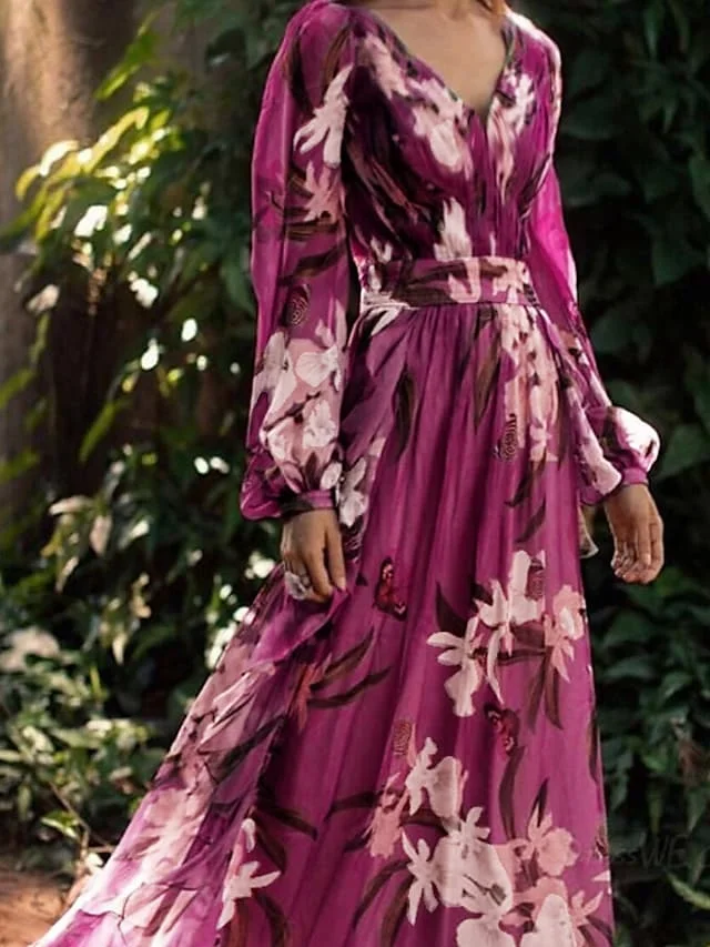 Women's Chiffon Dress Maxi Long Dress Purple Long Sleeve Floral Color Block Summer V Neck Holiday Boho