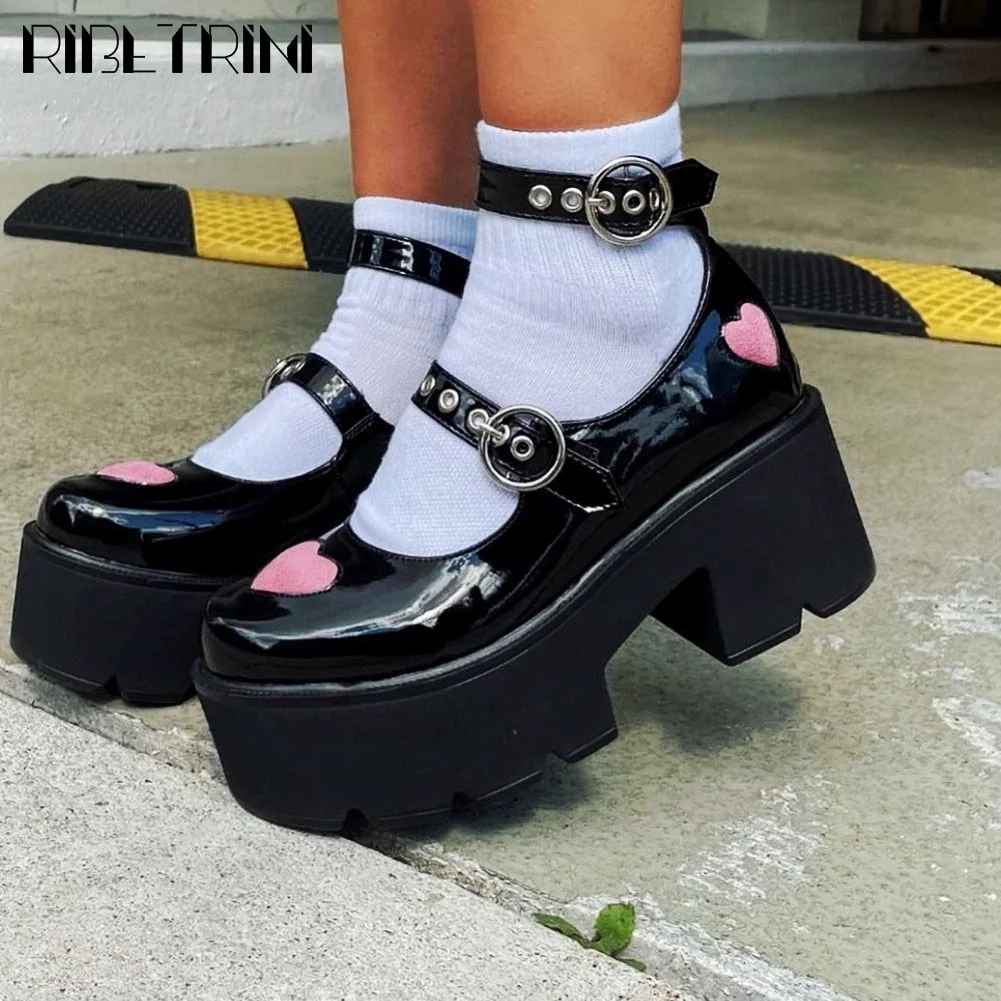 Back to College Round Toe Heart Print Ankle Strap Chunky Goth Platform Women Shoes Trendy Punk Marry Janes Pumps Square Heels Street Style