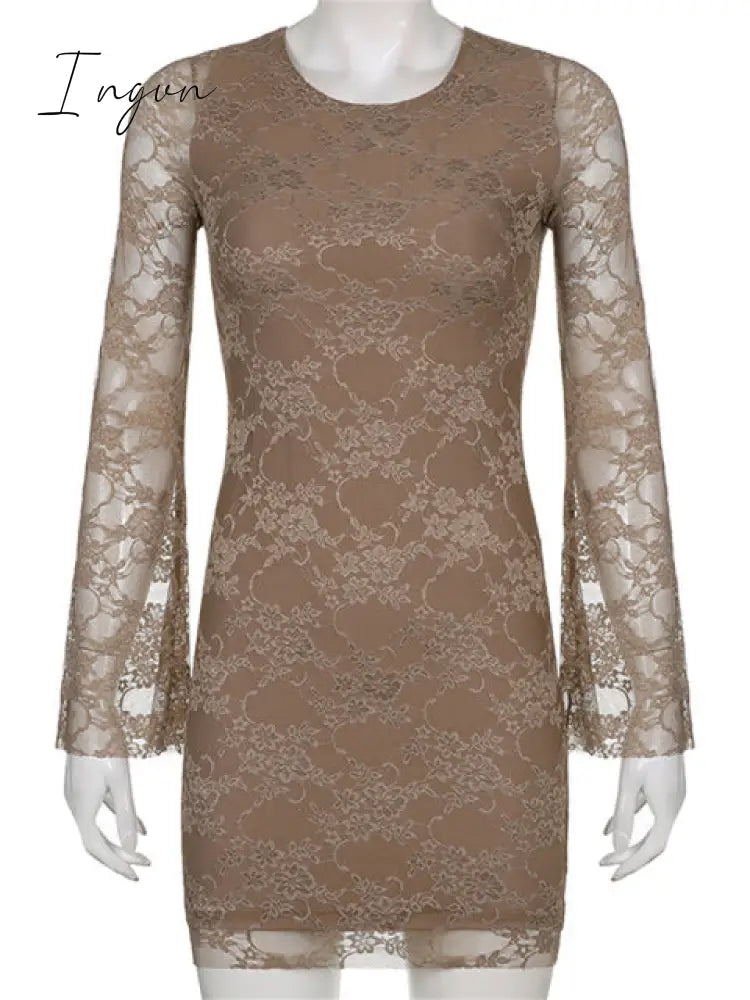 Ingvn - Retro Fairycore Grunge Mini Dresses Y2K Sexy Flare Lace Sleeves Chic Brown Clothes Elegant