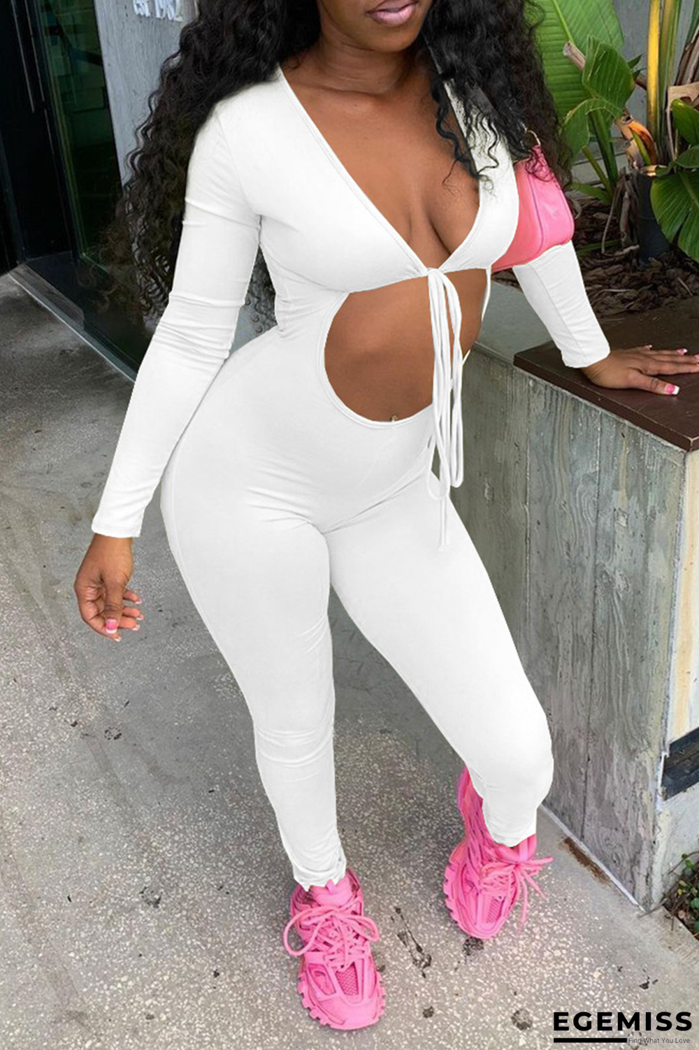 White Sexy Solid Hollowed Out V Neck Skinny Jumpsuits | EGEMISS