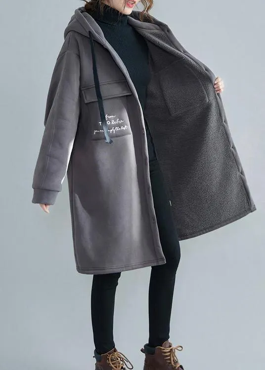 Fine gray embroidery women parka oversize winter jacket hooded pockets outwear