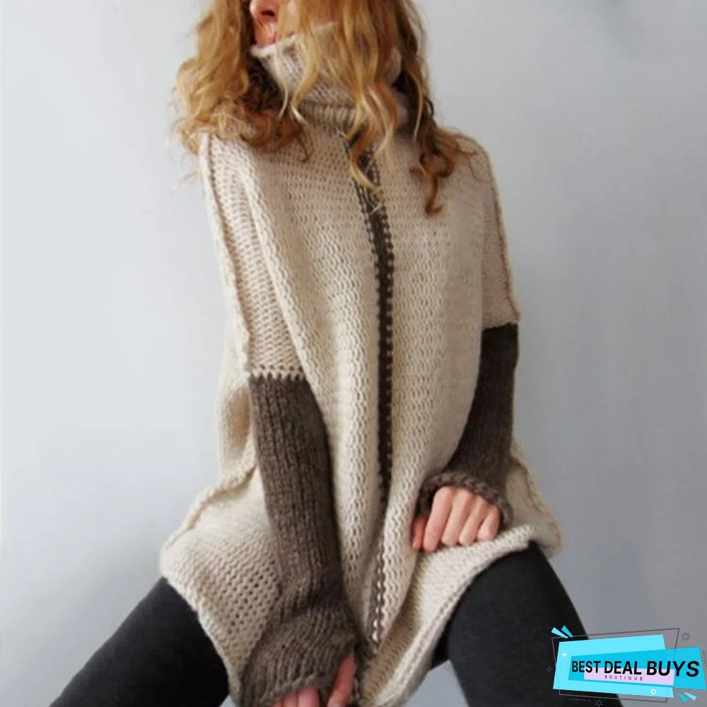 Autumn and Winter Turtleneck Loose Splicing Sweater