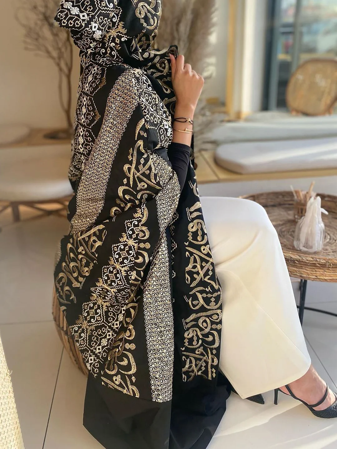 Ethnic Floral and Geometric Print Hooded Abaya