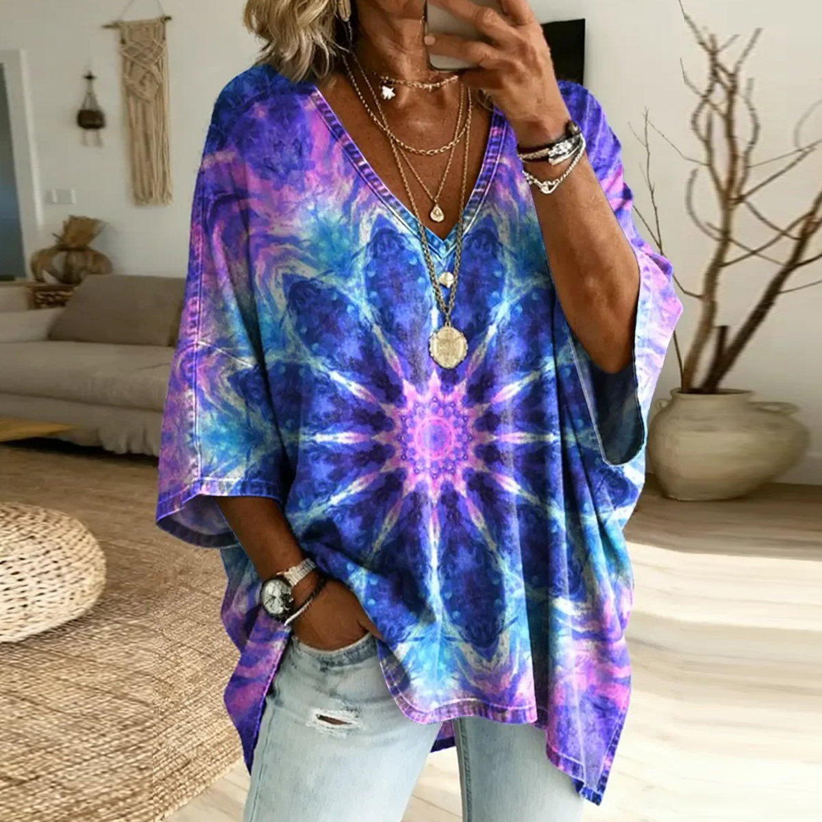 Women's Psychedelic Mandala Art Print V-neck Loose-fit Top elevenforest