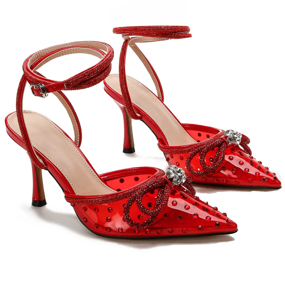 85mm Women's Stiletto Heel Ankle Strap Pumps Pointed Toe Crystal High Heels Sandals Summer Banquet Daily Wedding Shoes-MERUMOTE