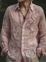 Men's Vintage Pink Cherry Blossom Embroidered Linen Shirt