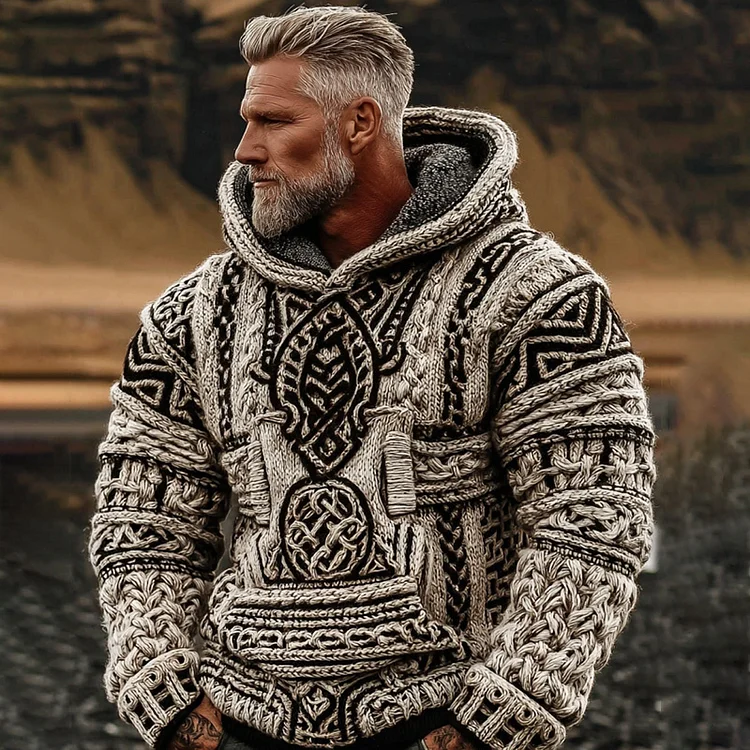 Men's Viking Tribal Jacquard Pattern Art Hooded Sweater
