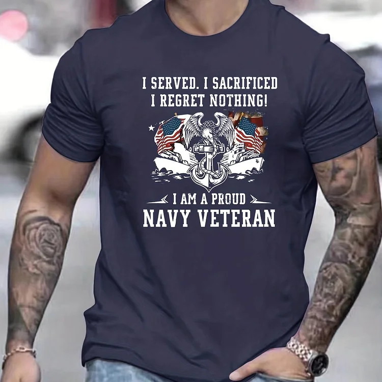 CAMEL COUPONS Eagle Pattern i'm A Proud Navy Veteran Print T-shirt, Men's Casual Street Style Stretch Round Neck Tee Shirt For Summer