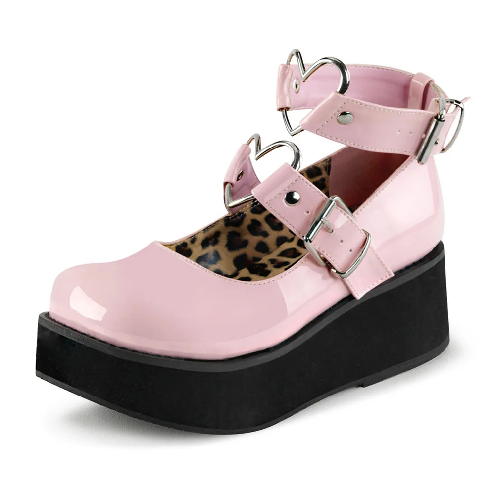 Pink Patent Leather Heart Buckle Strappy Platform Heeled Mary Jane Shoes Nicepairs
