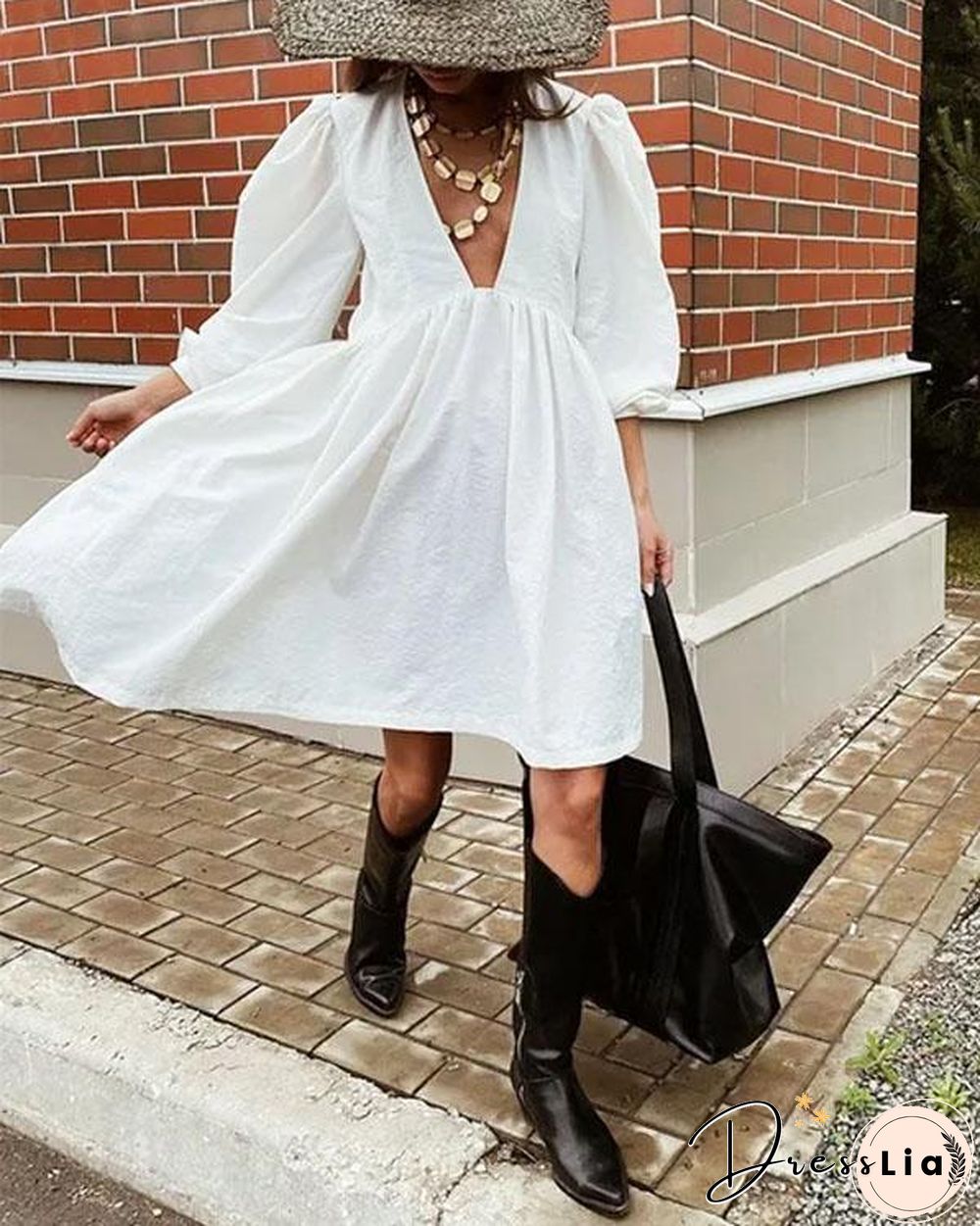 Morden Puff Sleeve Deep V Neck Dress