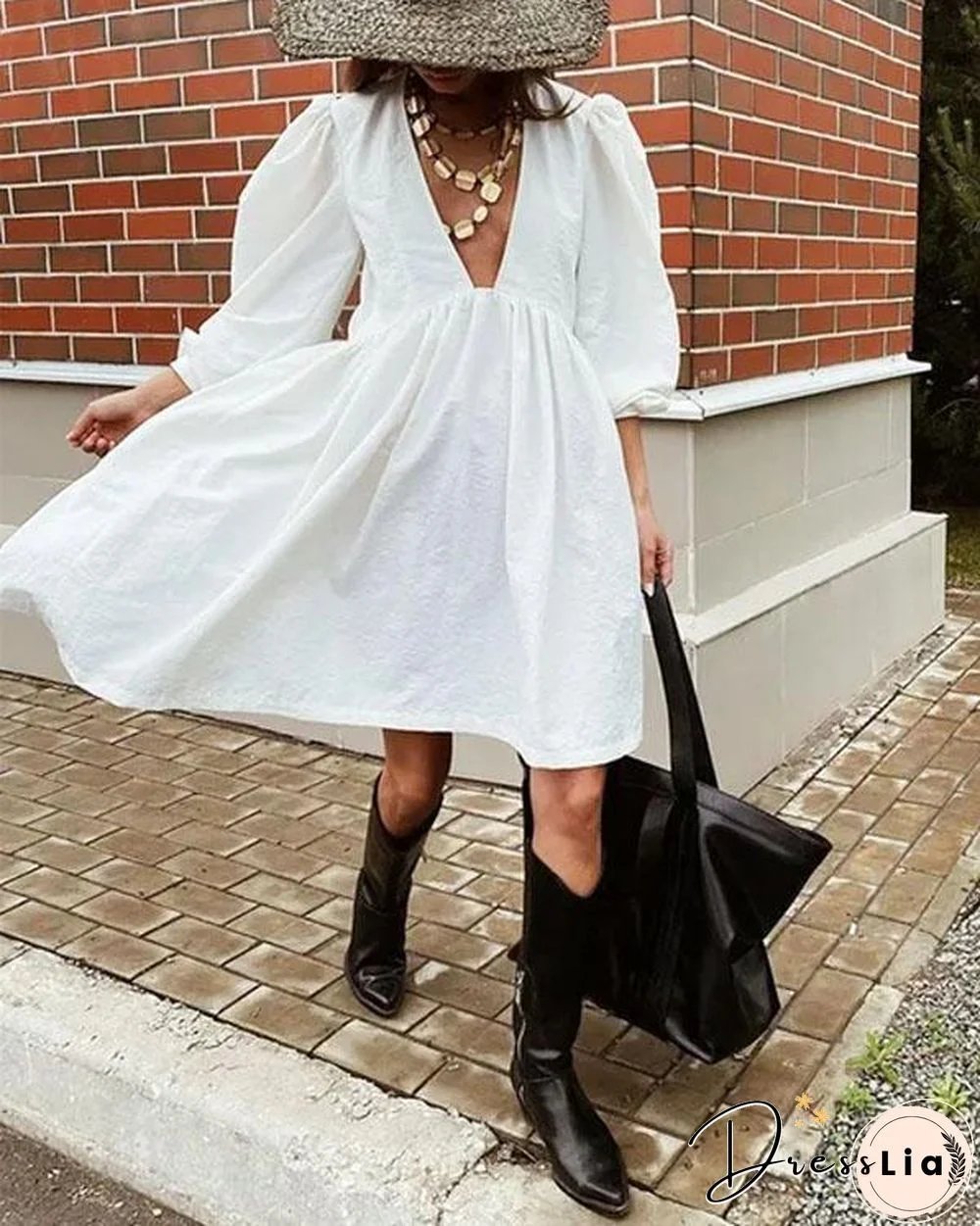 Morden Puff Sleeve Deep V Neck Dress