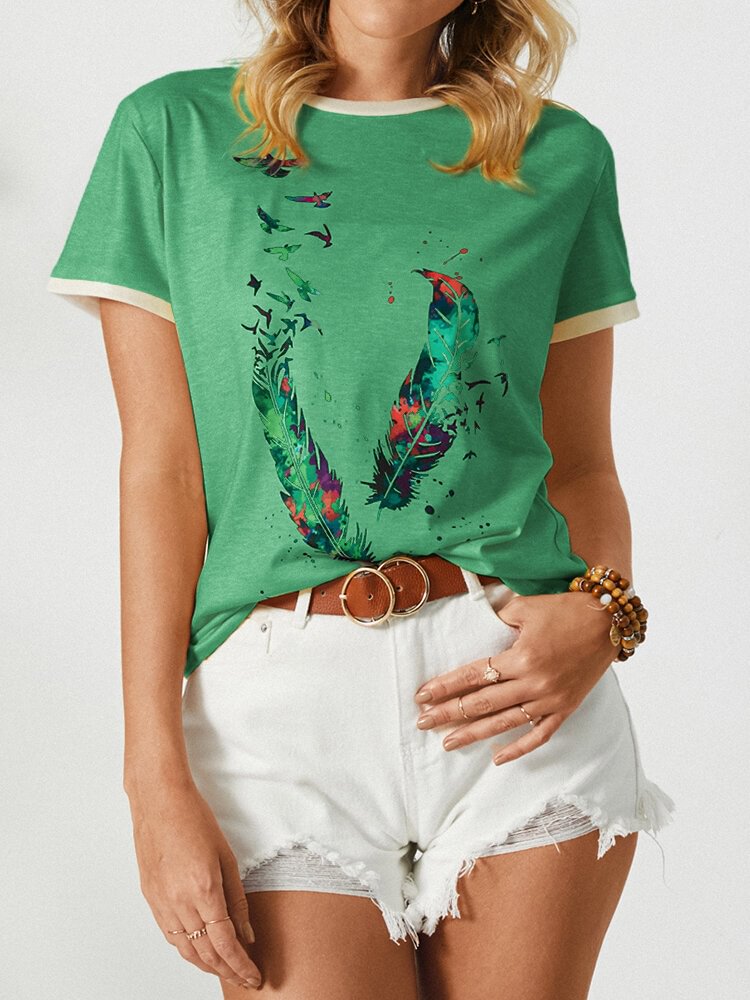 Feather Birds Print Short Sleeve O neck Casual T shirt For Women P1826021