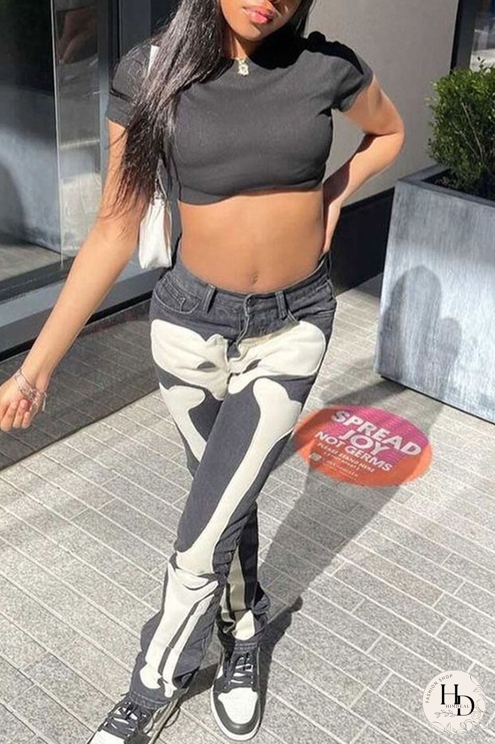 Grey Casual Street Print Patchwork High Waist Denim Jeans