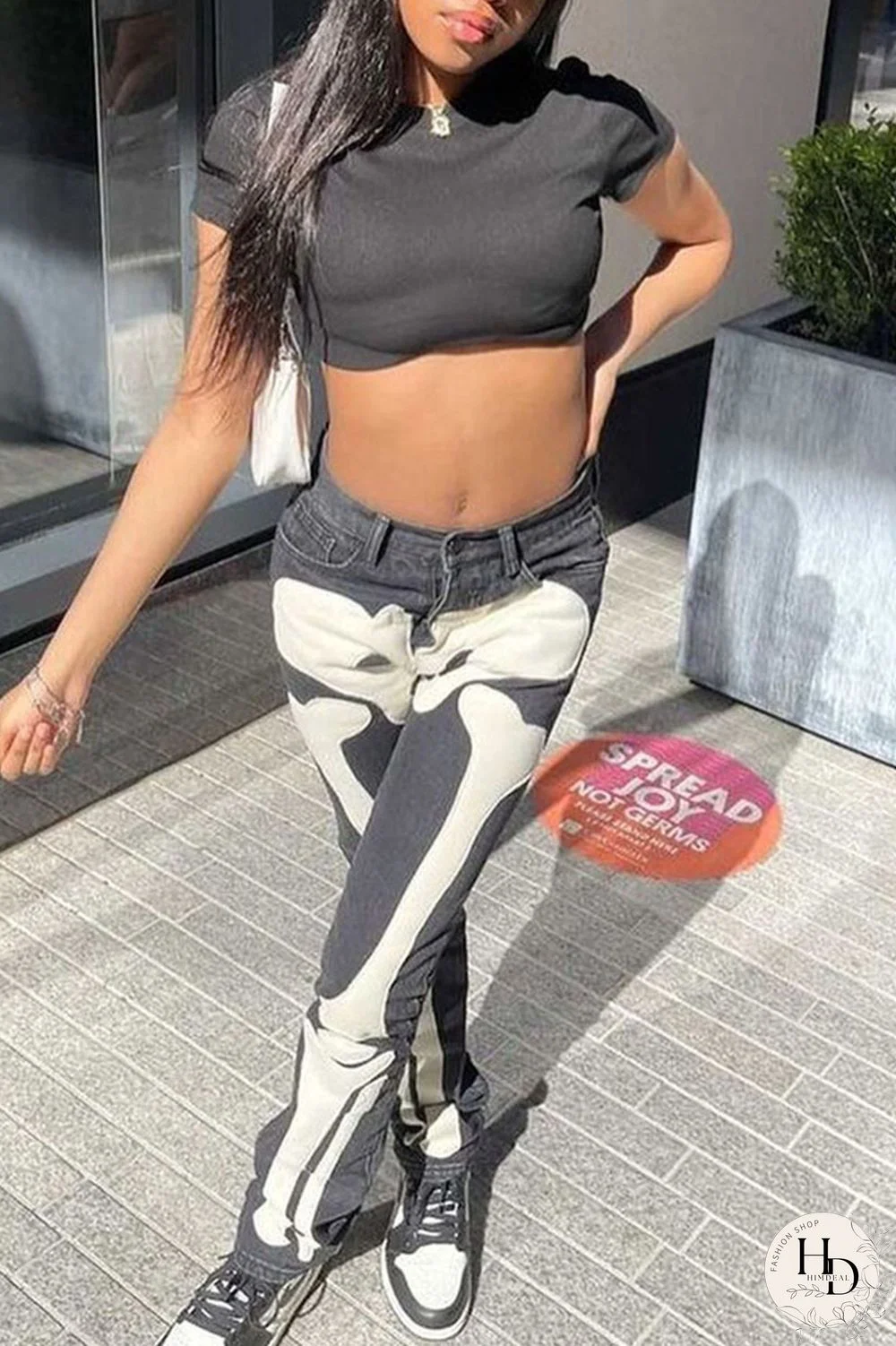 Grey Casual Street Print Patchwork High Waist Denim Jeans