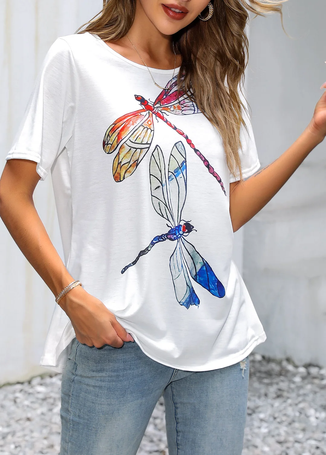 Dragonfly Print White Round Neck T Shirt