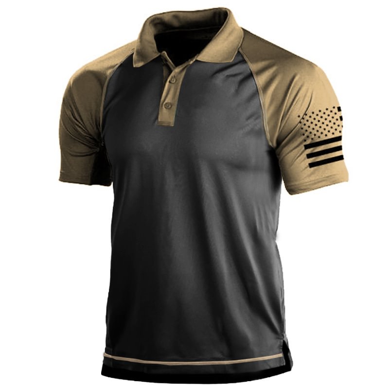 Men's Outdoor Tactical Flag Button Short Sleeve Polo T-shirt