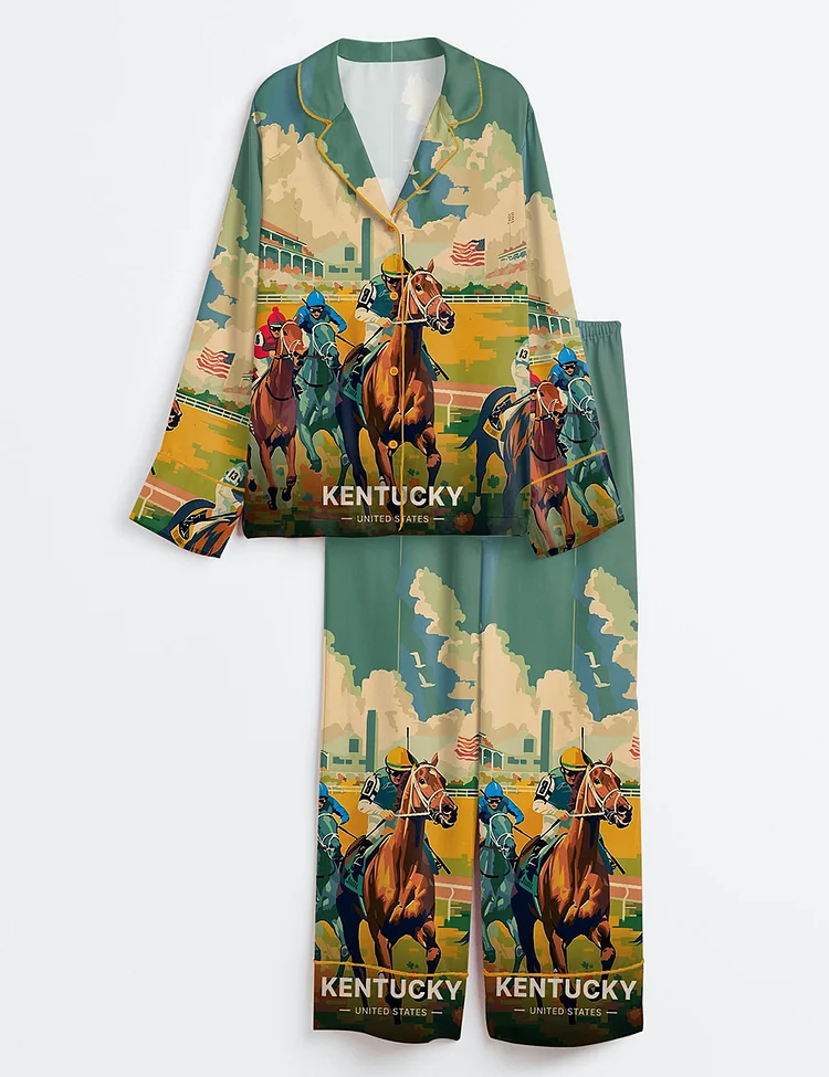 Women&rsquo;s Kentucky Derby Travel 151st Run For The Roses Print Long Sleeve Satin Pajama Set