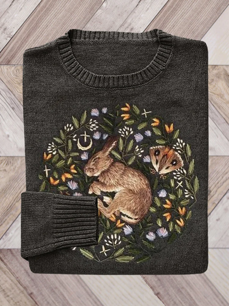 🔥kukelife🔥Forest Sleeping Hare Embroidery Art Knit Sweater