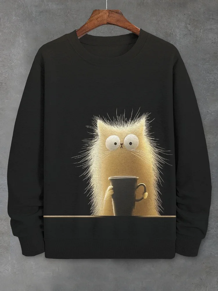 Men's Furry Cat Holding Coffee Print Casual Long Sleeve Sweatshirt