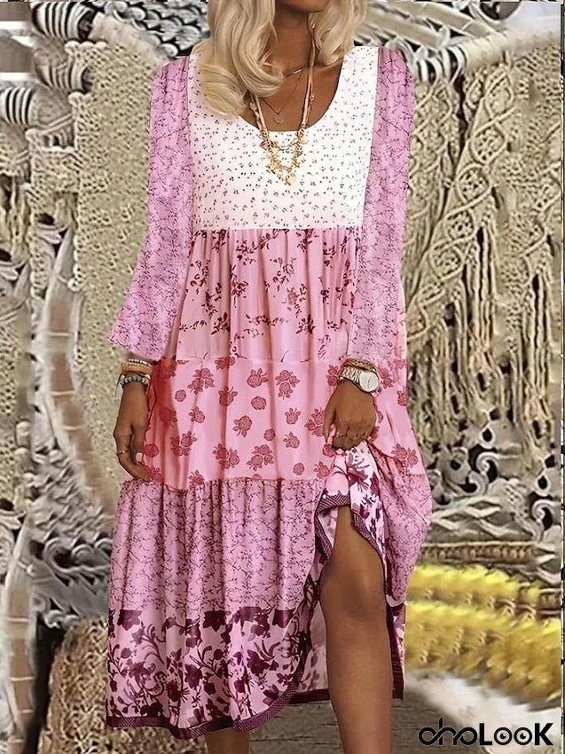 Women's Floral Dress Print Dress Floral Ditsy Floral Print Crew Neck Midi Dress Fashion Modern Outdoor Daily Long Sleeve Regular Fit Yellow Pink Sky Blue Summer Spring S M L XL XXL