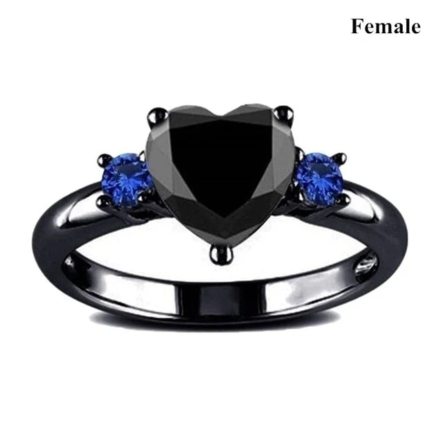 Popular Couple Romantic Couple Ring Fashion Jewelry Anniversary Wedding Black Heart Cubic Zirconia Ring Set Lover Gift