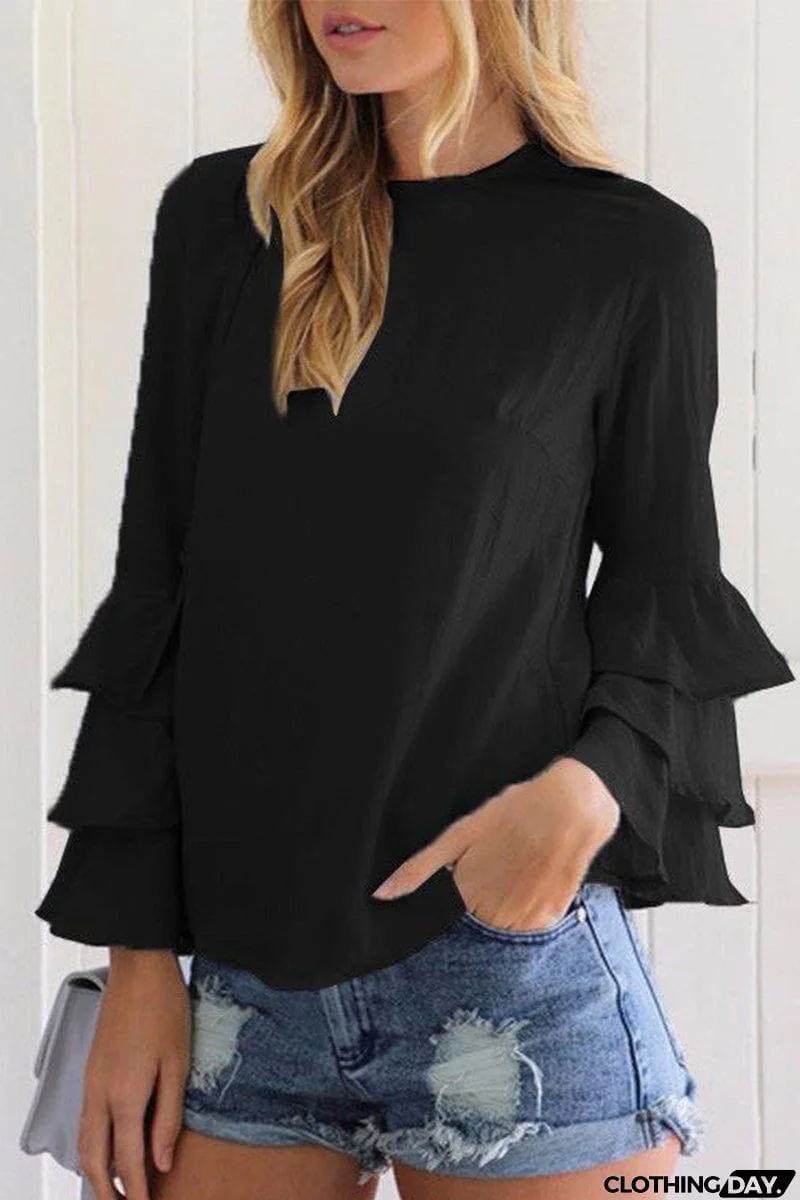 Casual Solid Flounce O Neck Tops(9 Colors)