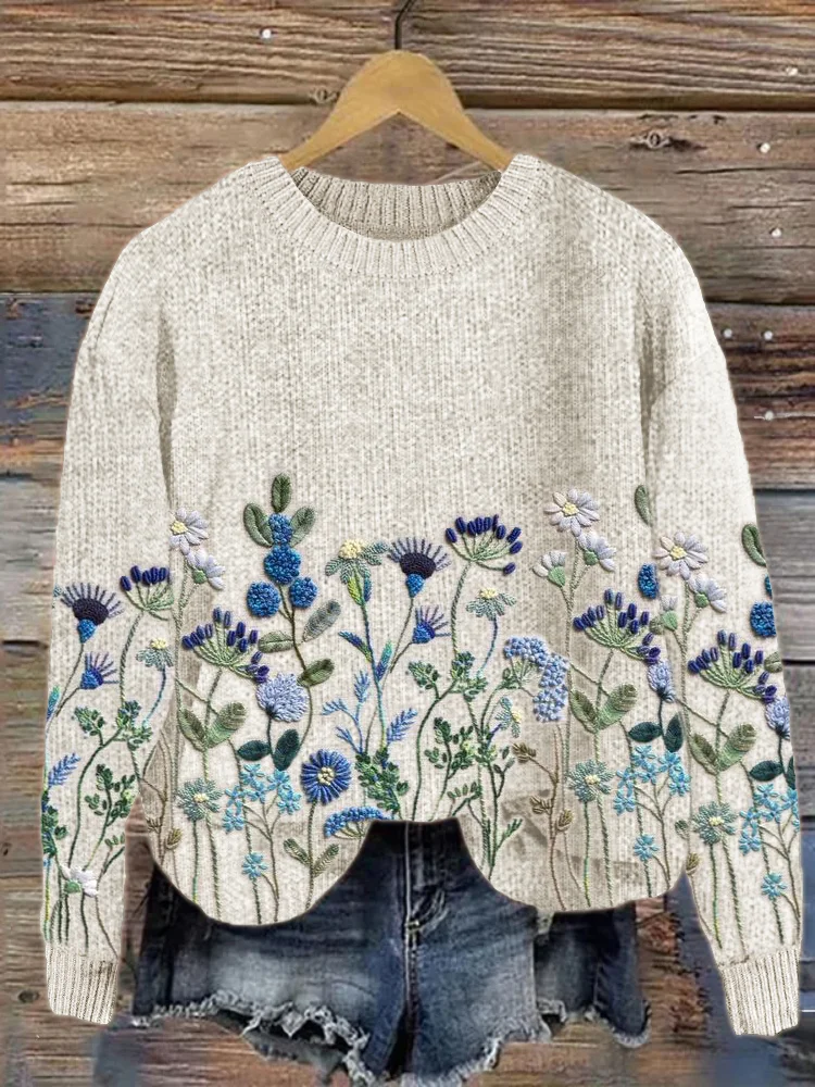 VChics Blue Flowers Embroidery Art Cozy Knit Sweater