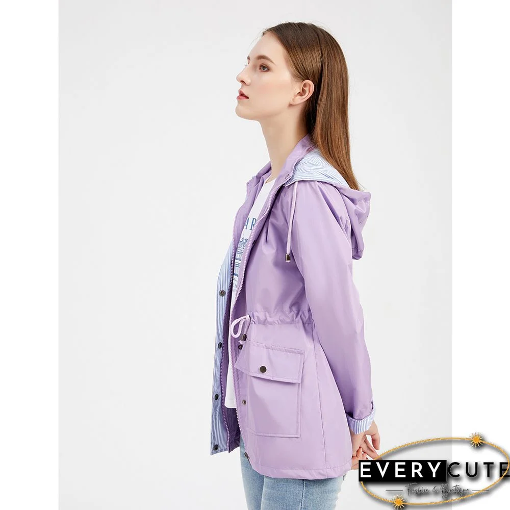 Light Purple Hooded Detachable Windproof Plus Size Windbreaker