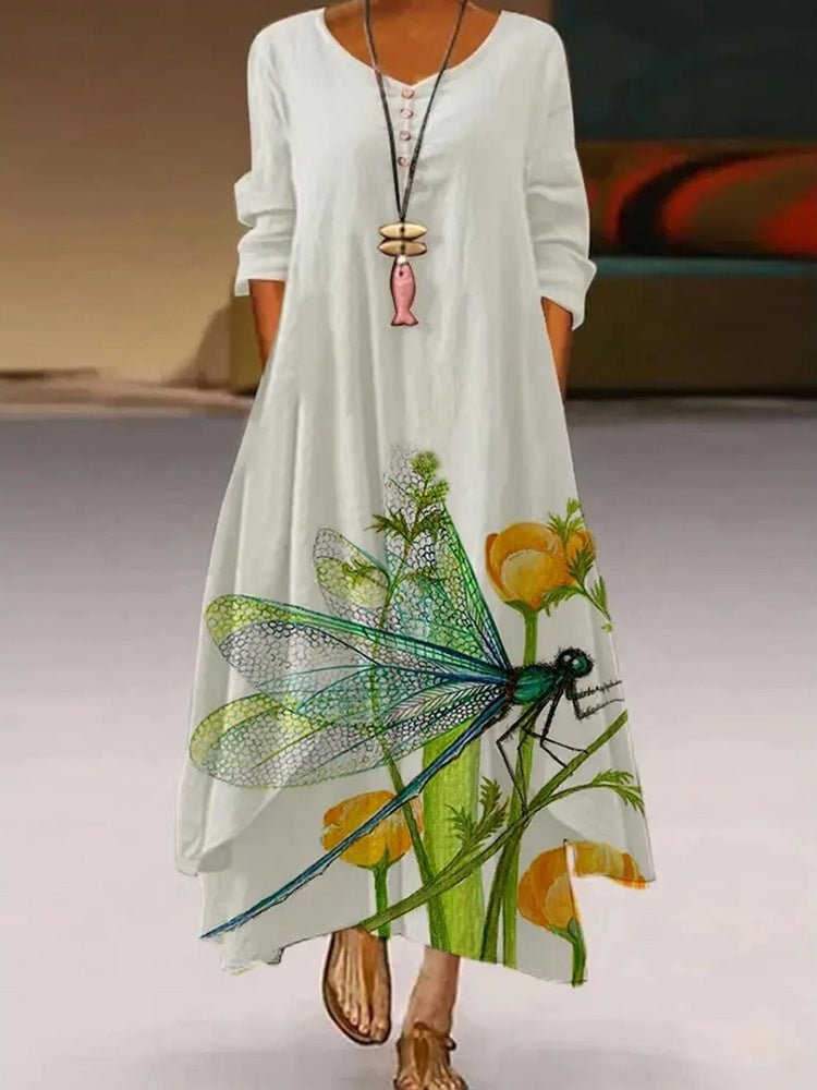 Dragonfly Flower Print Round Neck Long Sleeve Dress